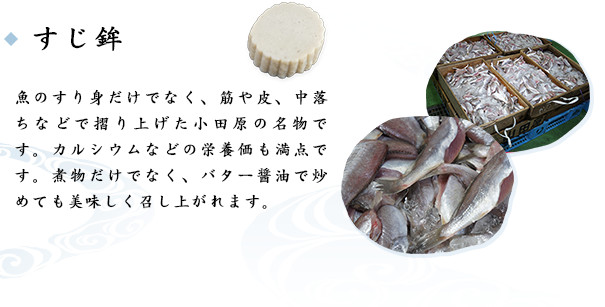 すじ鉾　魚のすり身だけでなく、筋や皮、中落ちなどで摺り上げた小田原の名物です。カルシウムなどの栄養価も満点です。煮物だけでなく、バター醤油で炒めても美味しく召し上がれます。